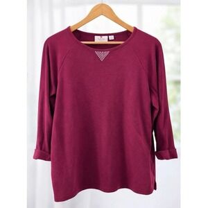 Quacker Factory Waffle Knit Popover Tee Top XL Burgundy Wine Soft Rhinestones
